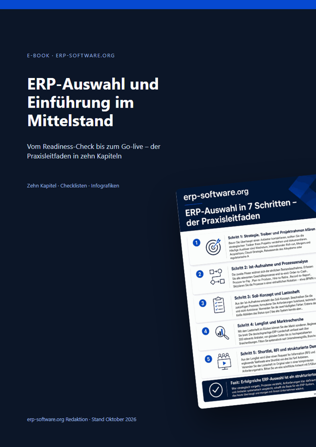 Deckblatt des E-Books „ERP-Auswahl und Einführung im Mittelstand“, erp-software.org Redaktion, Stand Oktober 2026