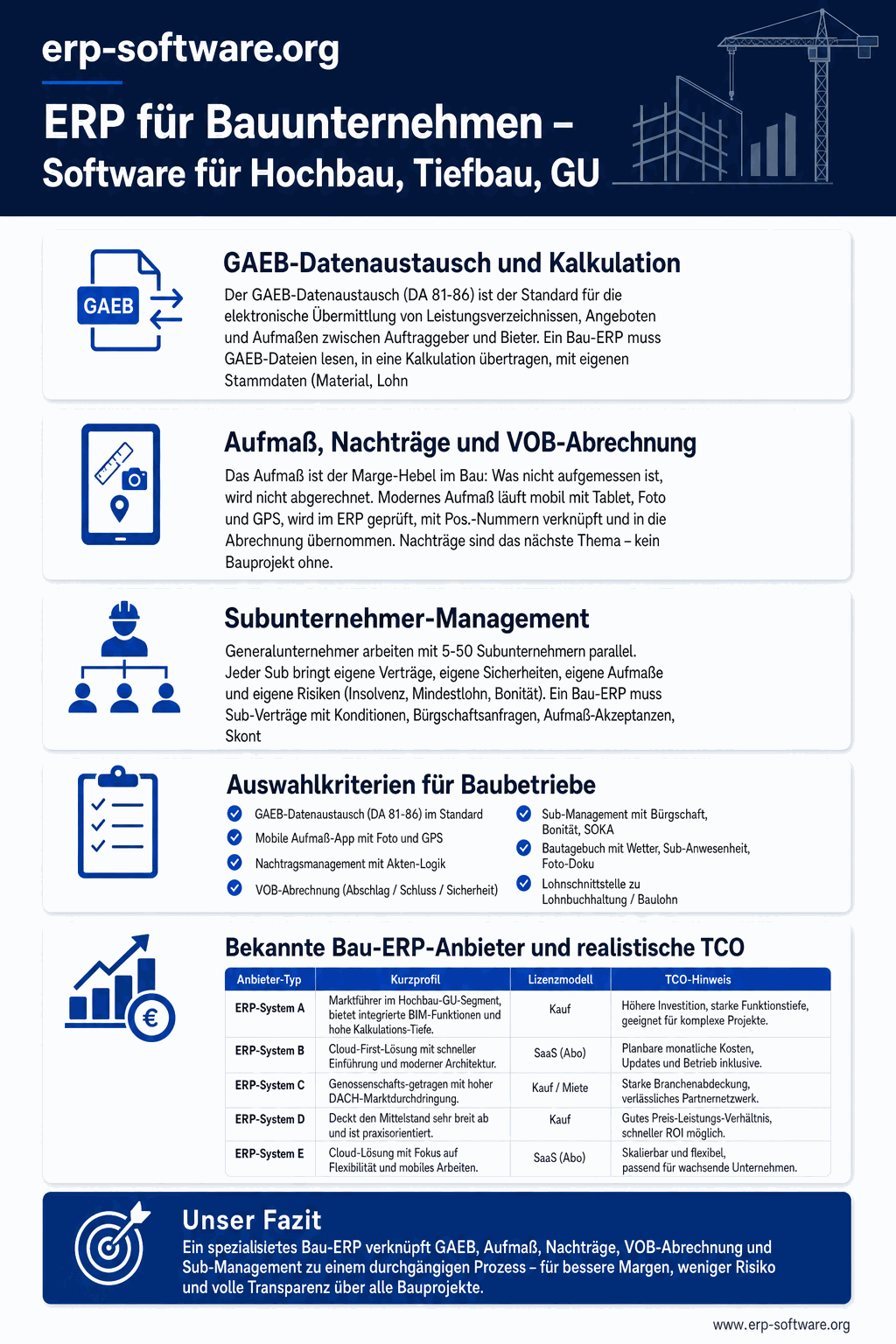 ERP für Bauunternehmen mit Projekt-Controlling auf LV-Basis, Nachtragsmanagement nach VOB und GAEB-Schnittstelle