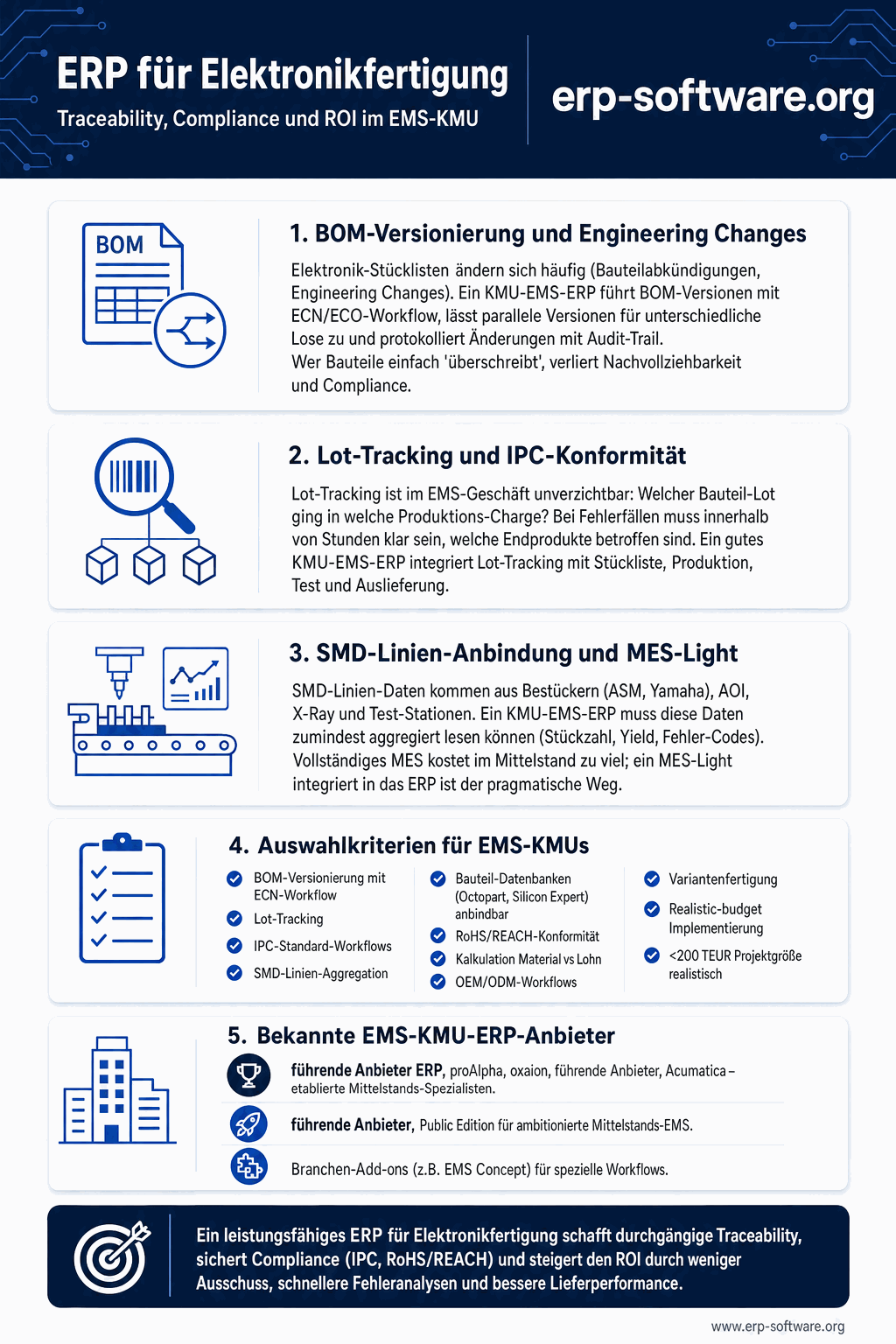 Hochformatige Infografik zum Thema ERP für Elektronikfertigung in mittelständischen EMS-Betrieben. Oben eine SMD-Linie mit Bauteilrollen, Bestücker und AOI-Station, deren Scandaten in ein zentrales ERP fließen. In der Mitte eine vierstufige Traceability-Pyramide nach IPC-Klassen 1 bis 3, daneben eine Zeitleiste mit der Frist 9. Dezember 2026 zur EU-Produkthaftung und Symbolen für RoHS, REACH und AVL-Pflege. Unten ein Kostenbalken von 19.000 bis 145.000 Euro, eine Projektdauer von drei bis neun Monaten sowie eine Checkliste mit Lot-Verknüpfung, ECN-Workflow und Rückrufradius in Stunden. Firmenneutrale Darstellung ohne Logos.