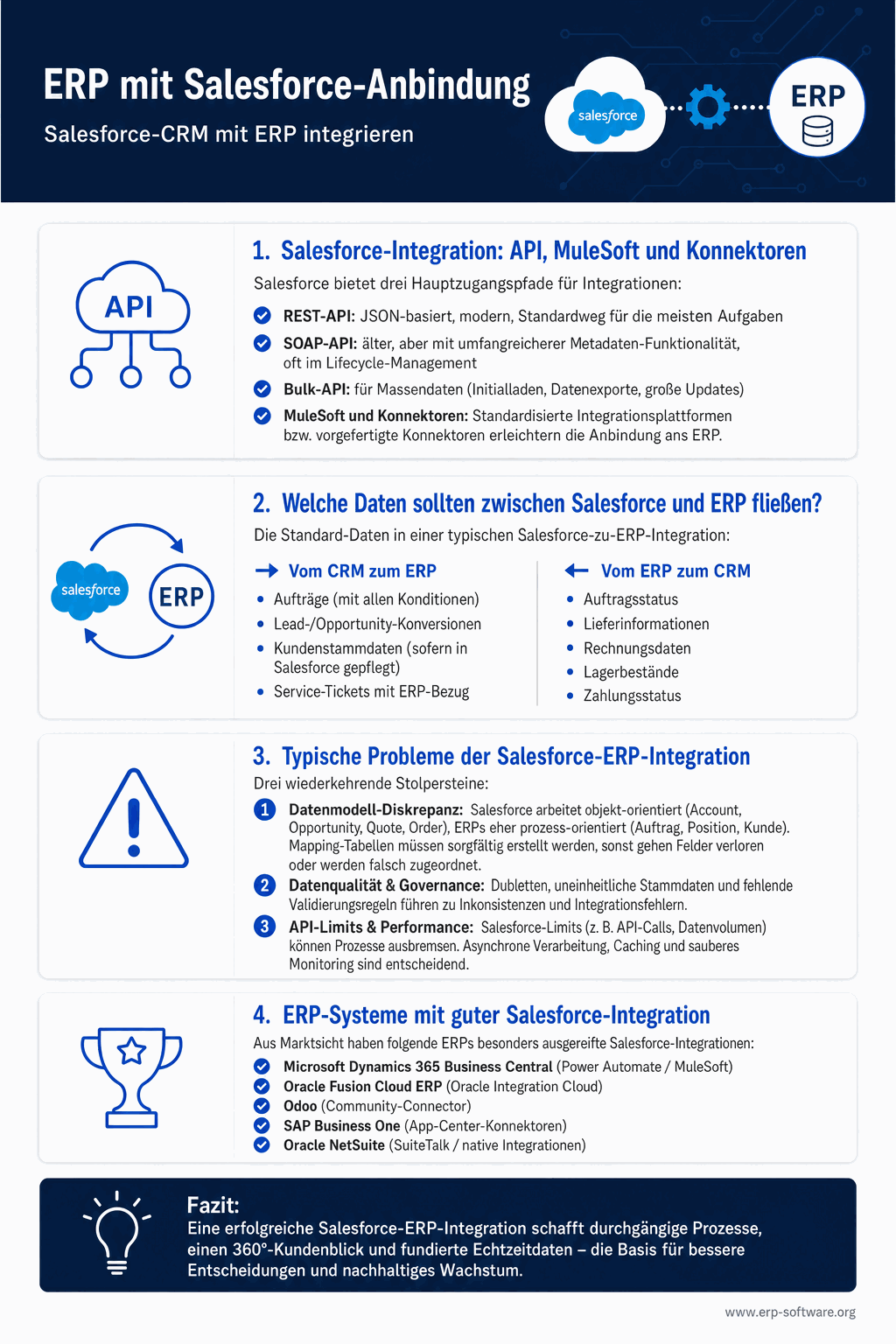 ERP-Salesforce-Anbindung mit Daten-Modell-Mapping, MuleSoft- und nativen Anbietern sowie typischen Vertriebs-Auftrags-Workflows