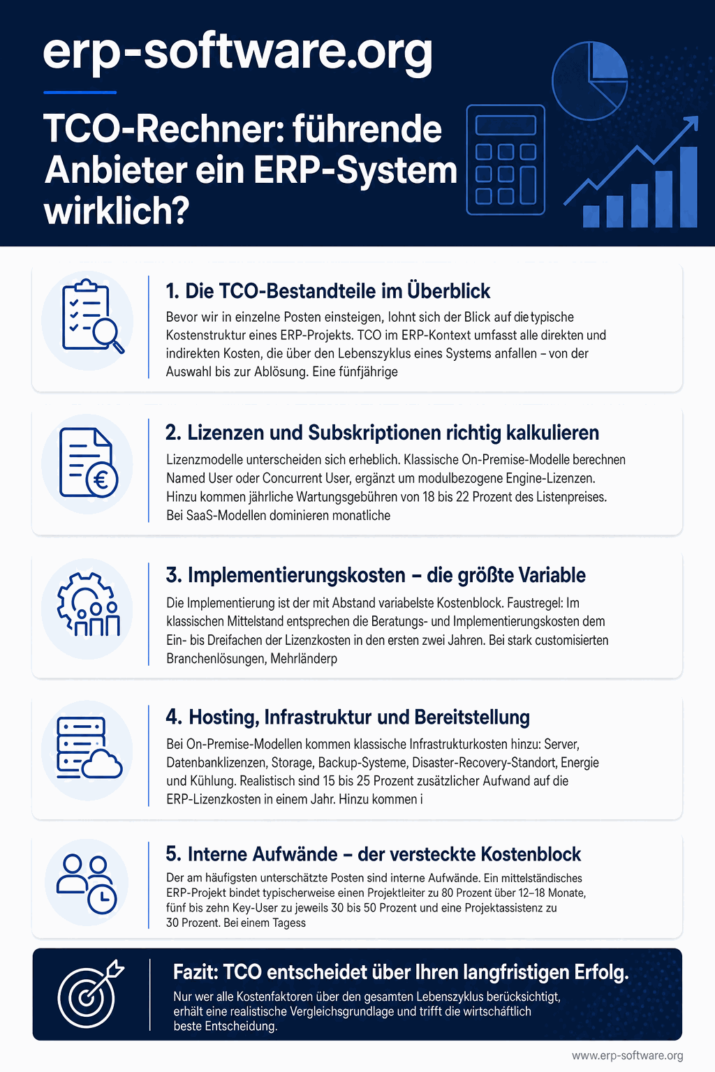 ERP-TCO-Rechner mit allen Kosten-Blöcken, versteckten Posten und einer realistischen 5-Jahres-Total-Cost-of-Ownership-Berechnung für Mittelstands-Projekte