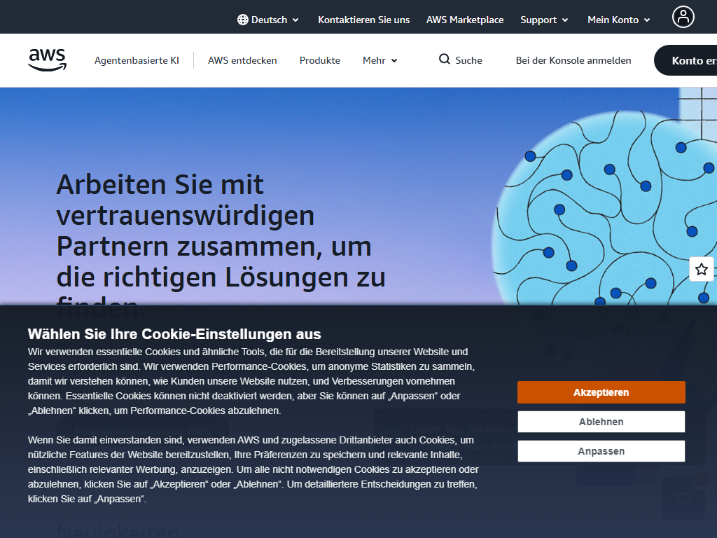 Screenshot of the homepage of AWS Region Frankfurt