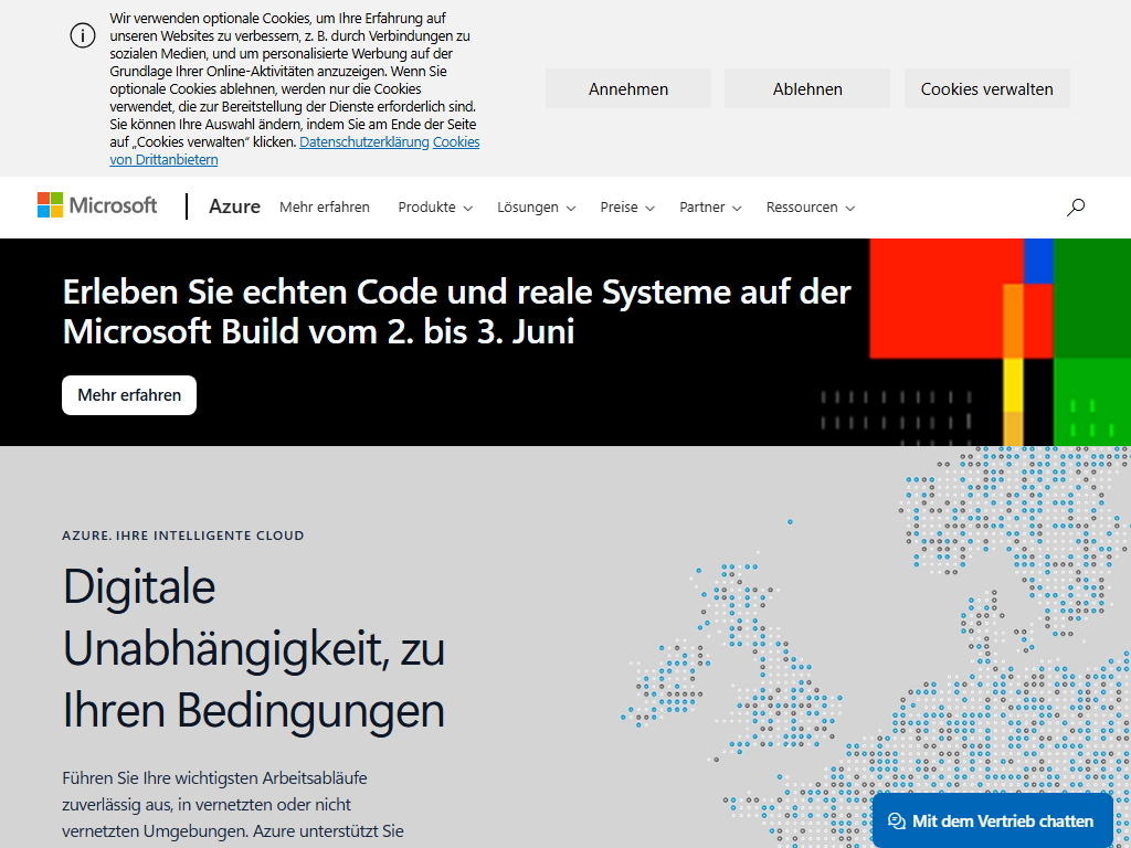Screenshot of the homepage of Microsoft Azure Germany