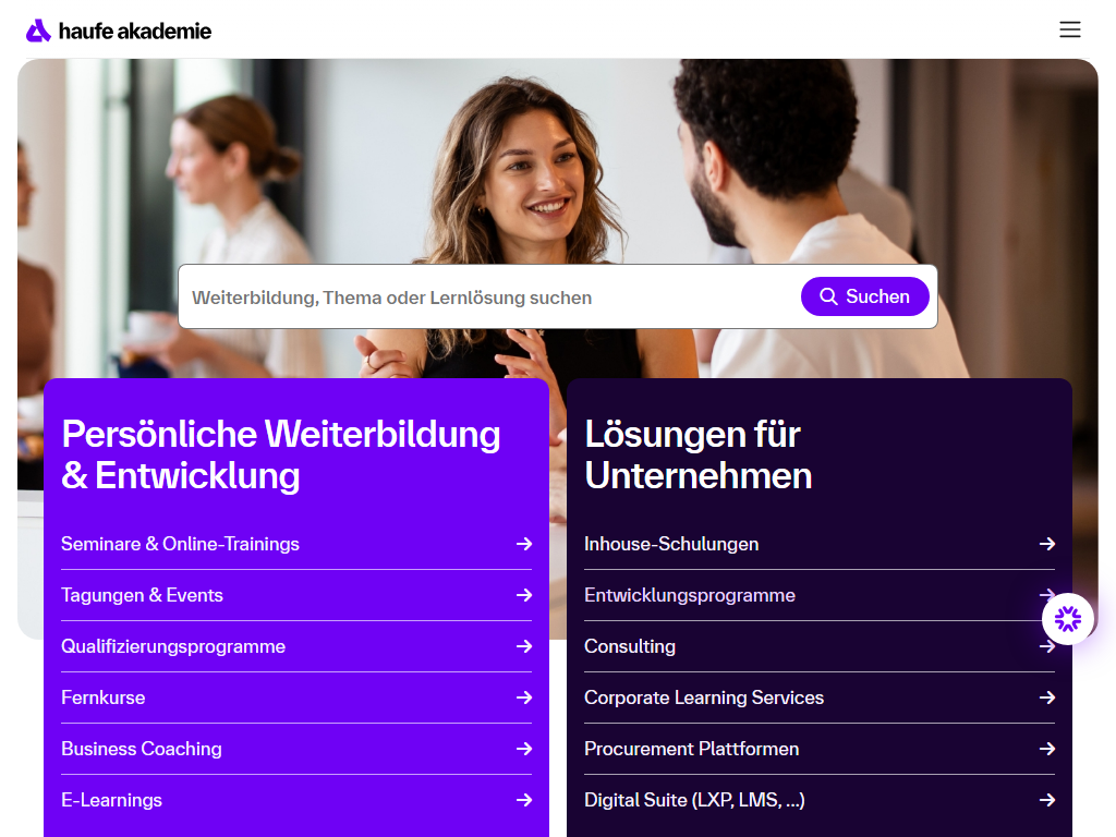 Screenshot of the homepage of Haufe Akademie