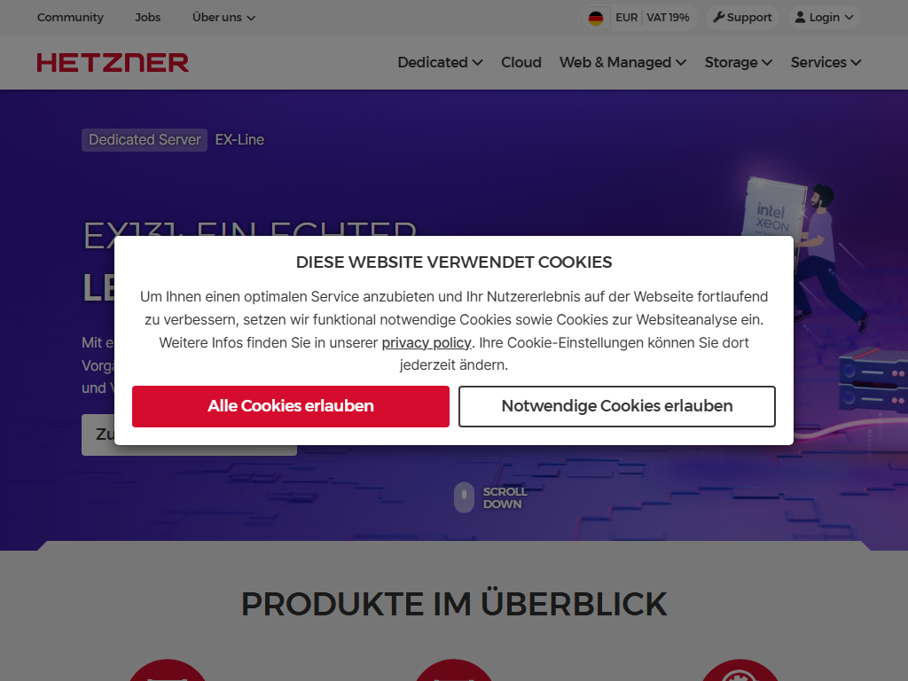 Screenshot of the homepage of Hetzner Online
