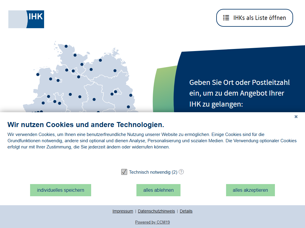 Screenshot of the homepage of IHK-Akademien