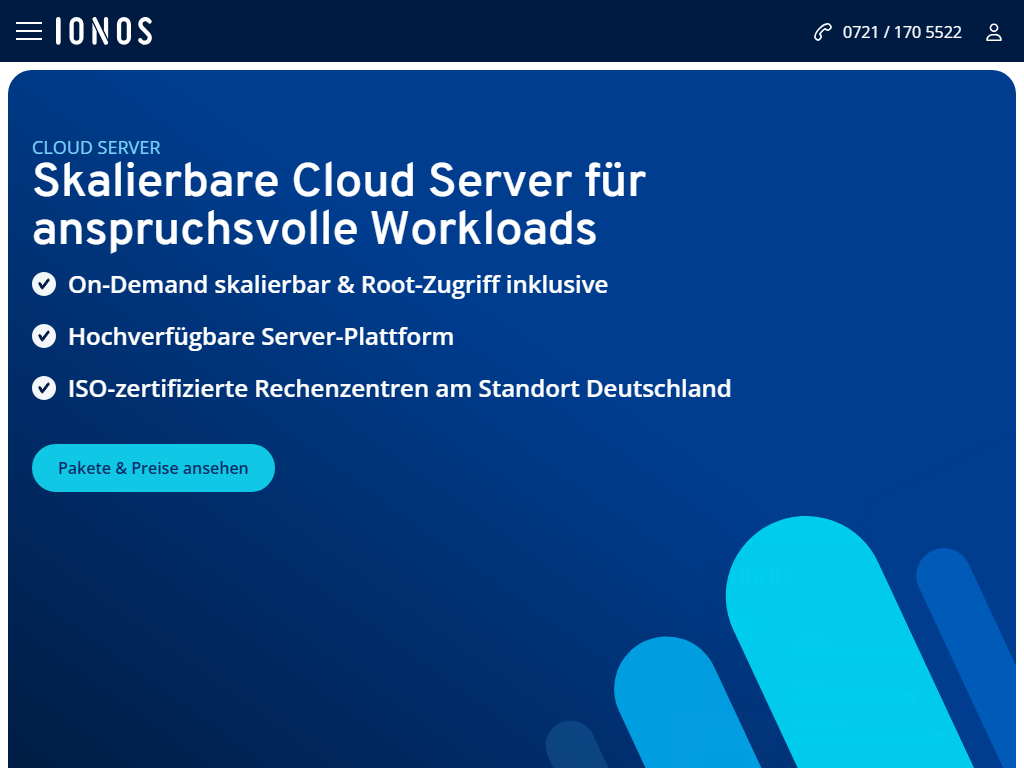 Screenshot of the homepage of IONOS Cloud