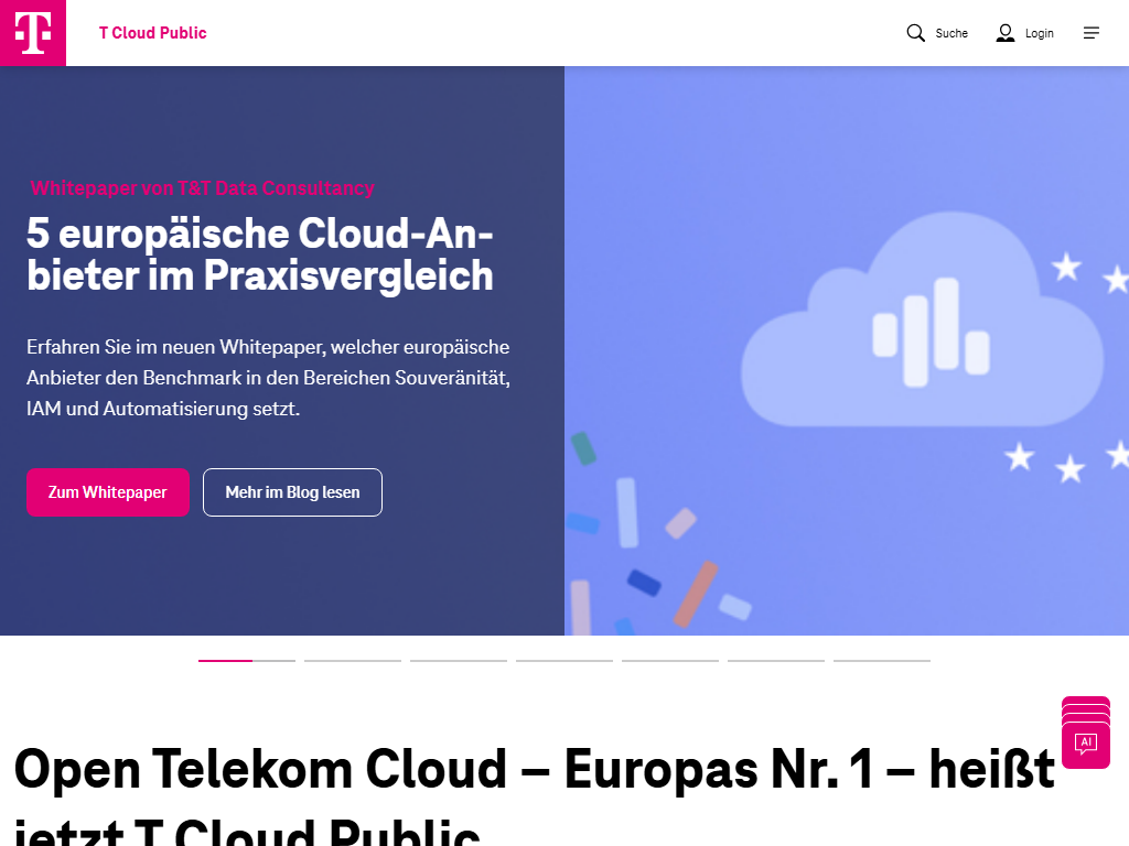 Screenshot of the homepage of Open Telekom Cloud