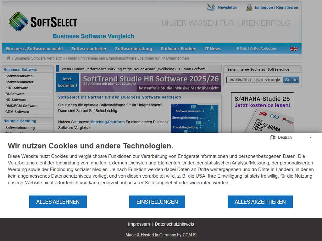 Screenshot der Homepage von SoftSelect GmbH
