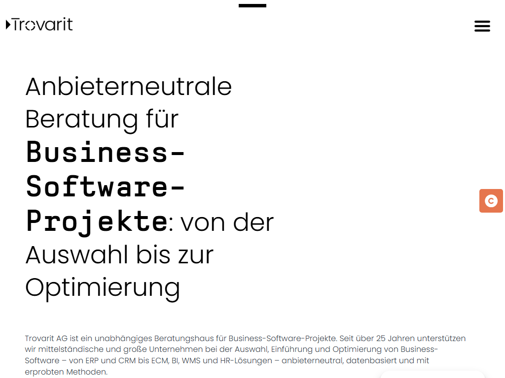Screenshot of the homepage of Trovarit AG