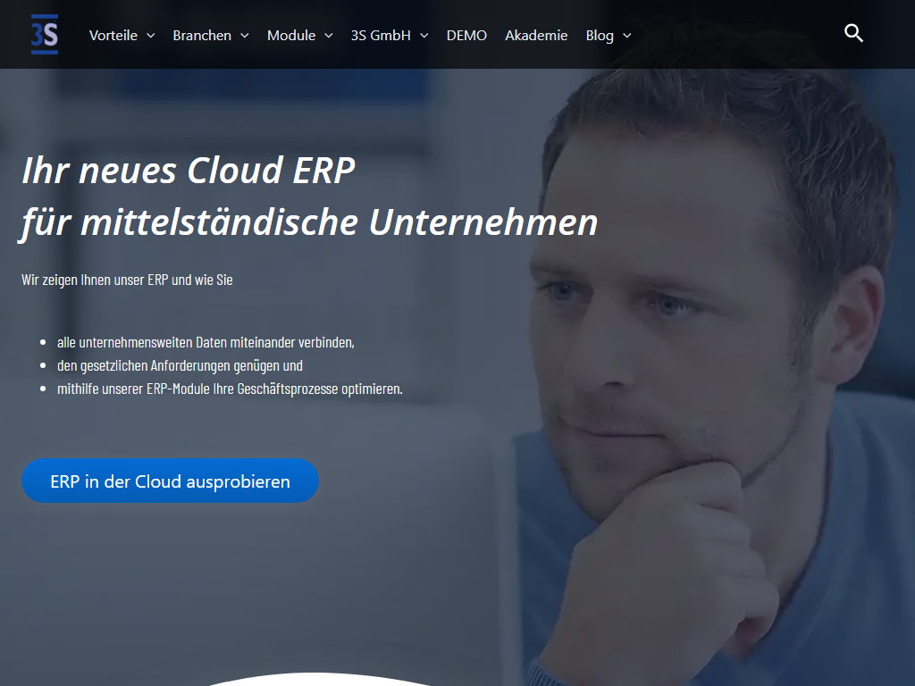 Screenshot of the homepage of 3S ERP