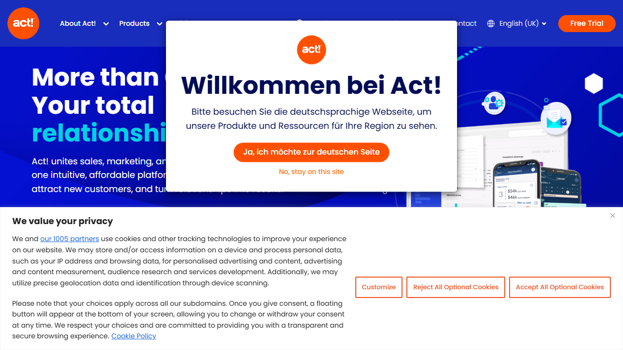 Screenshot of the homepage of Act! CRM