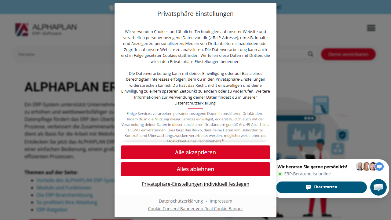 Screenshot of the homepage of ALPHAPLAN ERP