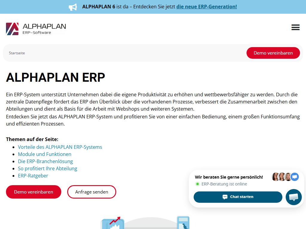 Screenshot der Homepage von ALPHAPLAN ERP