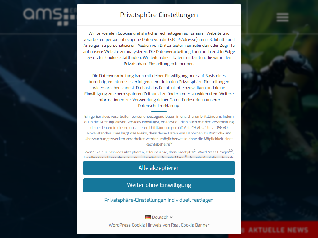 Screenshot der Homepage von ams.erp