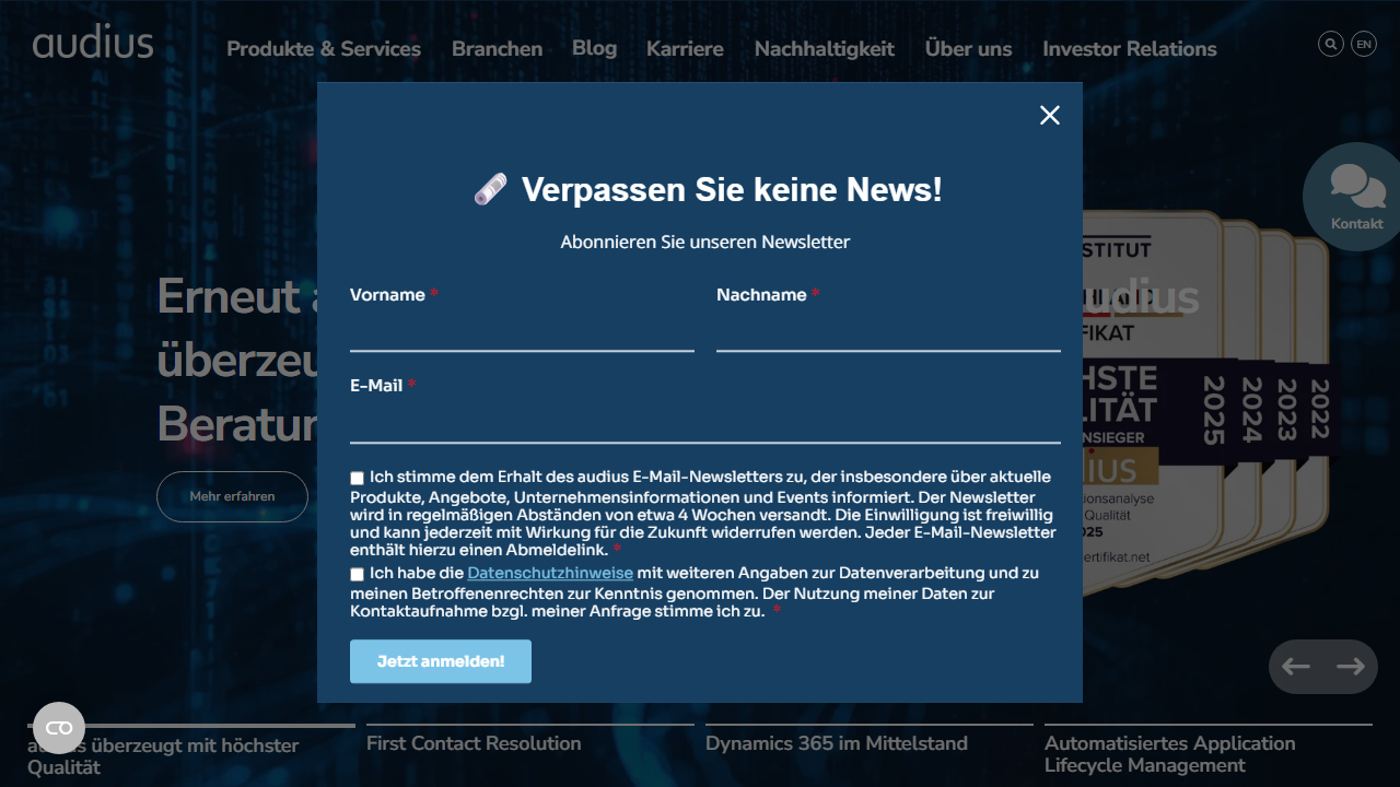 Screenshot of the homepage of audius CRM+ERP