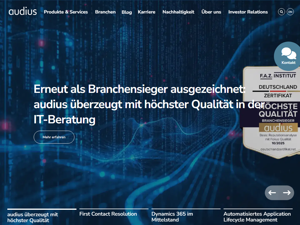 Screenshot der Homepage von audius CRM+ERP