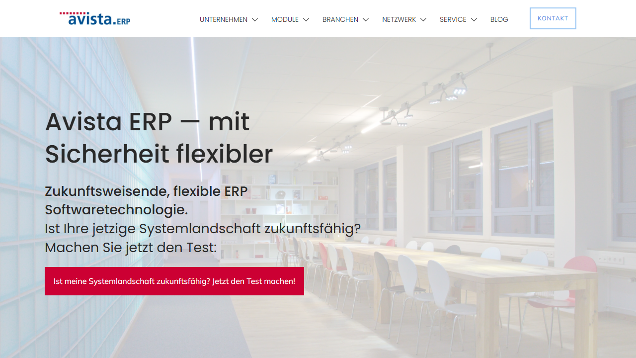 Screenshot of the homepage of avista.ERP