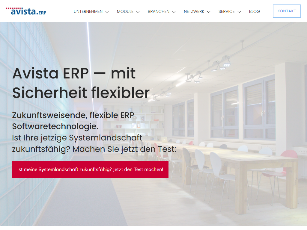 Screenshot der Homepage von avista.ERP