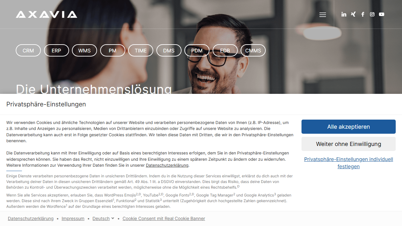 Screenshot of the homepage of AXAVIA ERP (AXAVIAseries)