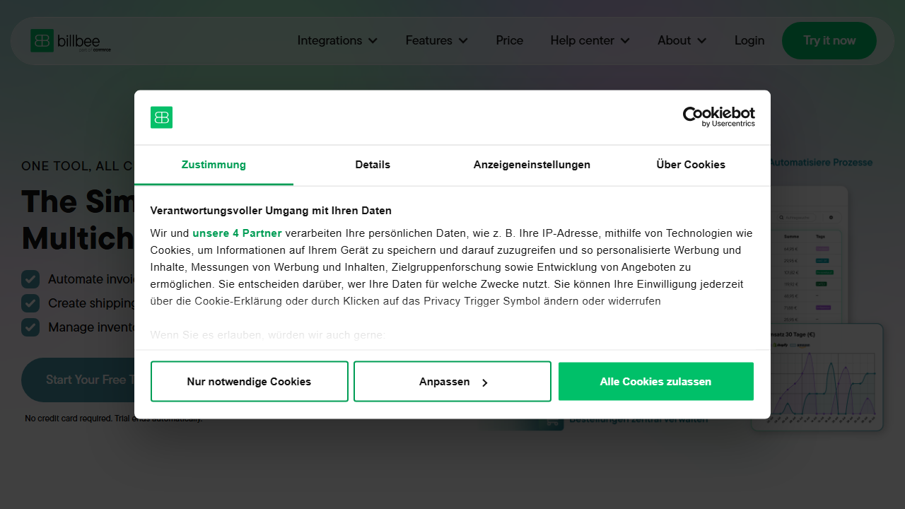Screenshot of the homepage of Billbee