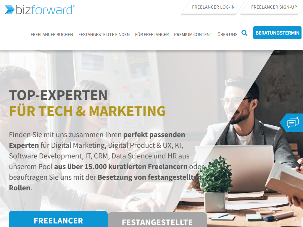 Screenshot of the homepage of bizforward