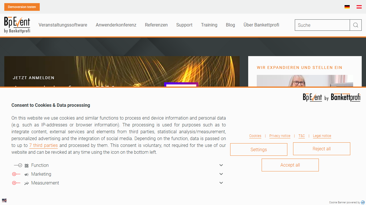 Screenshot of the homepage of Bp Event