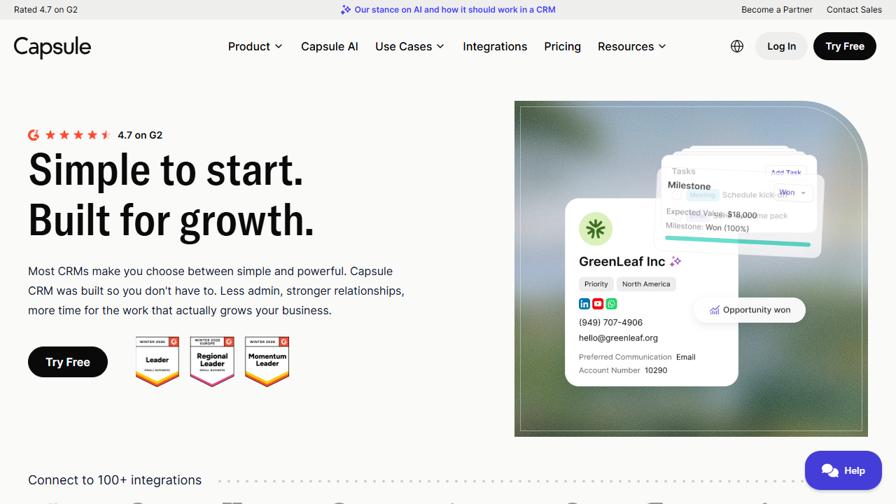 Screenshot of the homepage of Capsule CRM