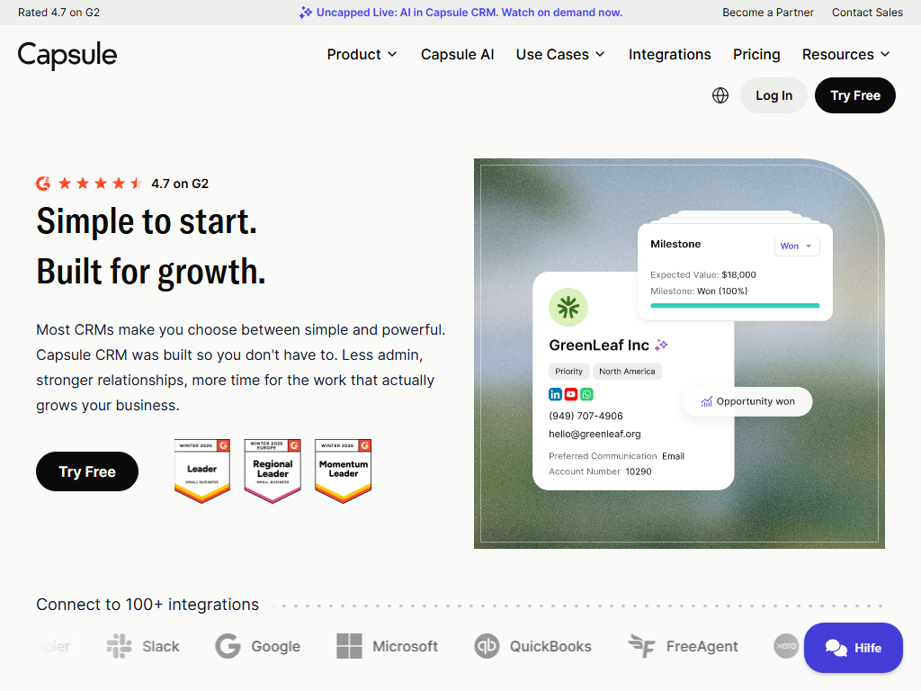 Screenshot of the homepage of Capsule CRM