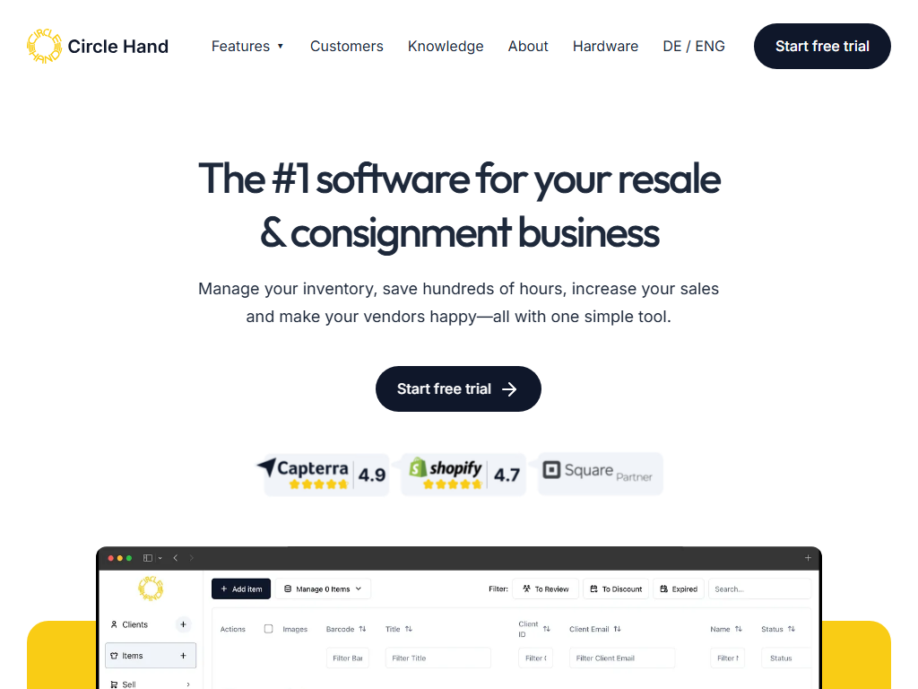 Screenshot of the homepage of Circle-Hand
