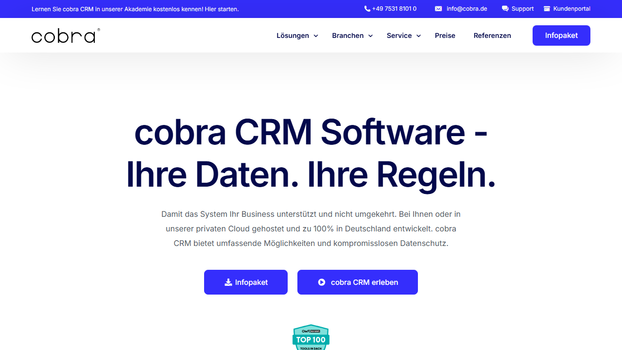 Screenshot of the homepage of cobra CRM