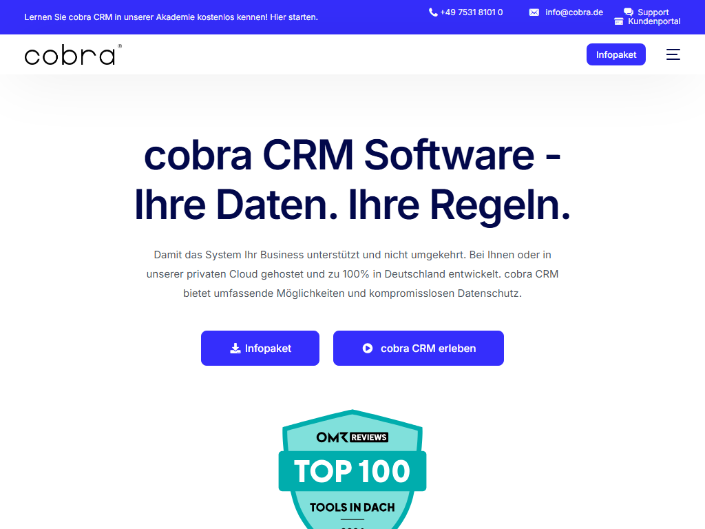 Screenshot of the homepage of cobra CRM