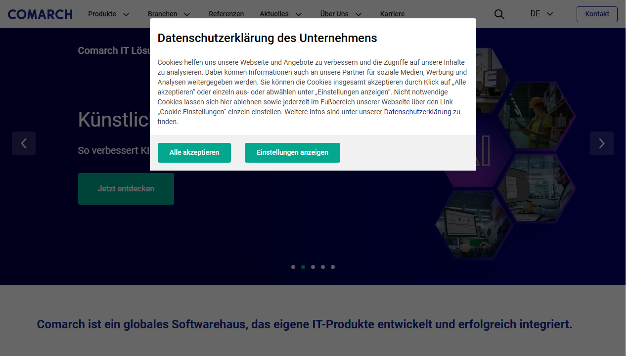 Screenshot of the homepage of Comarch ERP Enterprise