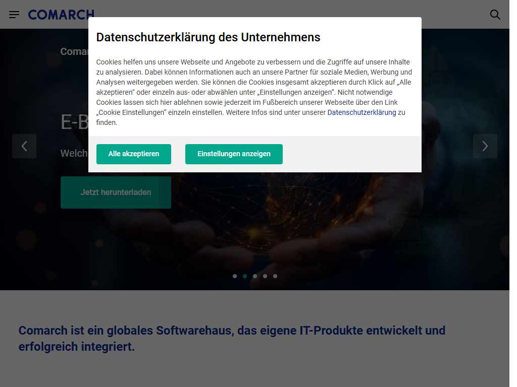 Screenshot of the homepage of Comarch ERP Enterprise