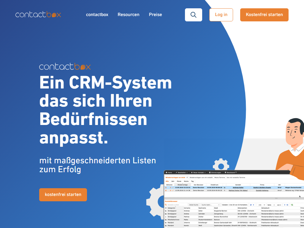 Screenshot of the homepage of Contactbox
