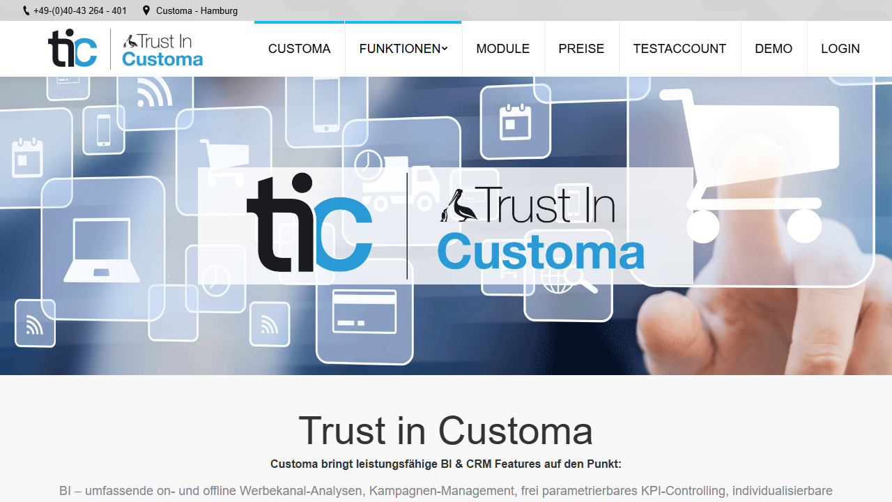 Screenshot of the homepage of Customa