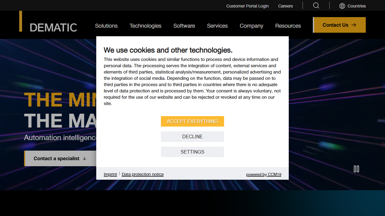 Screenshot of the homepage of Dematic