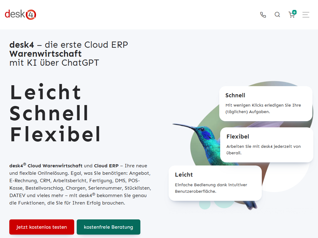 Screenshot der Homepage von desk4