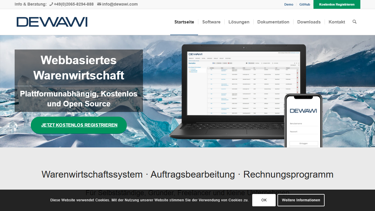 Screenshot of the homepage of DEWAWI