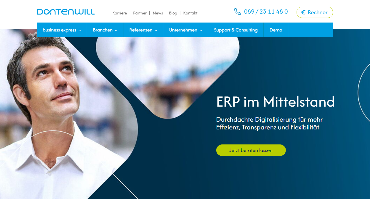 Screenshot of the homepage of Dontenwill business express