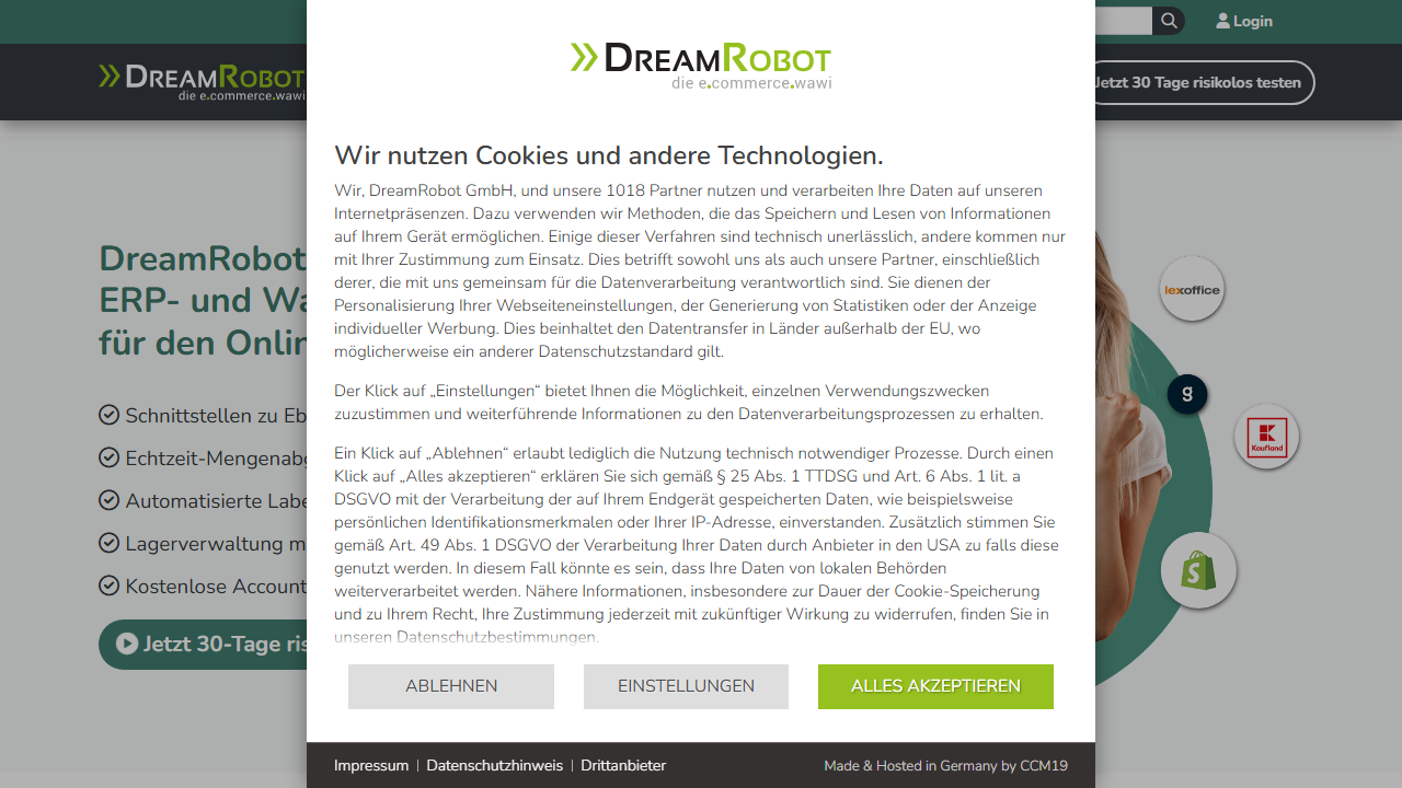 Screenshot of the homepage of DreamRobot