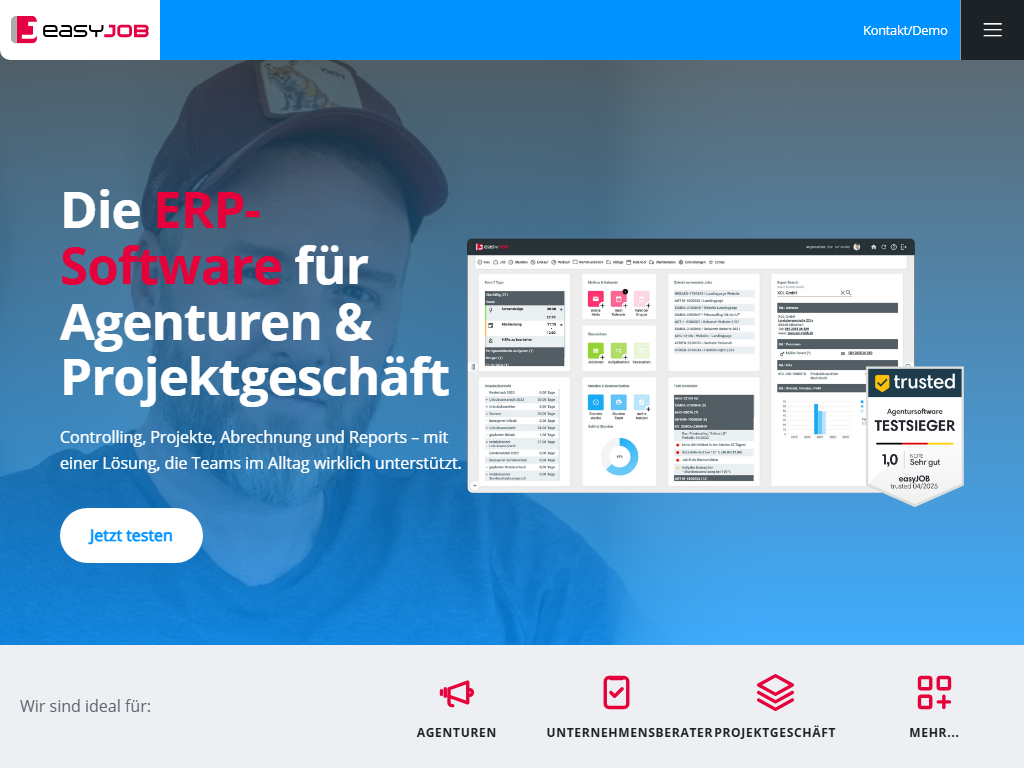 Screenshot der Homepage von easyJOB