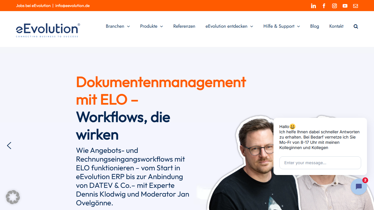 Screenshot of the homepage of eEvolution ERP