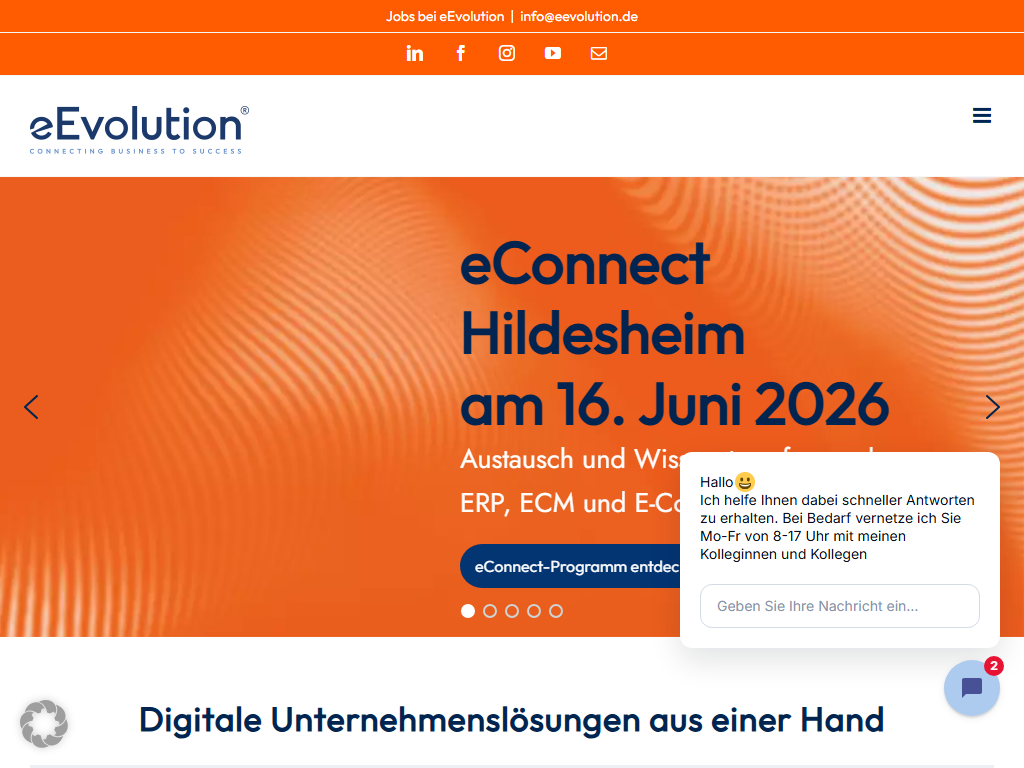 Screenshot der Homepage von eEvolution ERP