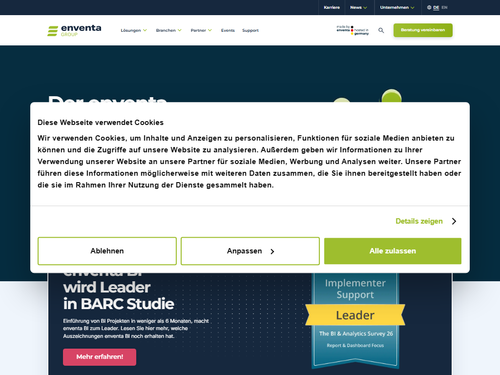 Screenshot der Homepage von enventa Trade ERP