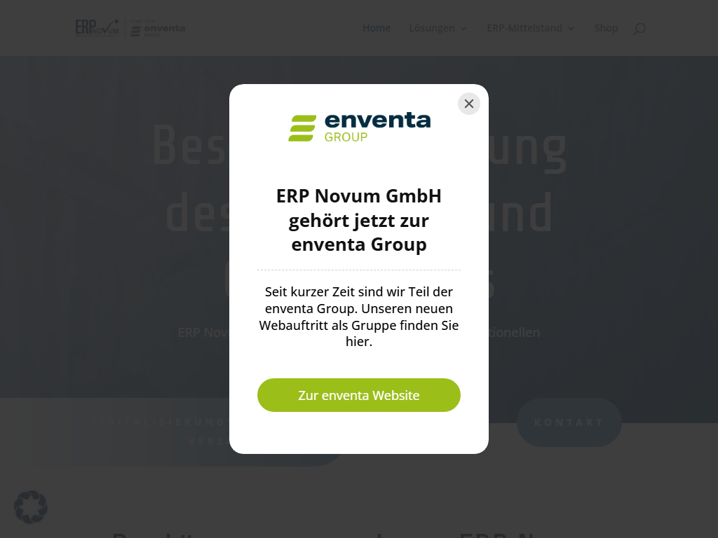 Screenshot der Homepage von ERP Novum (enventa technical trade solutions)