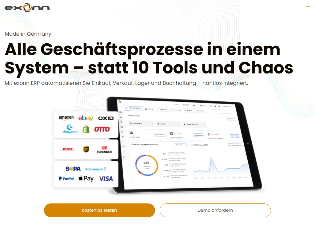 Screenshot of the homepage of exonn ERP
