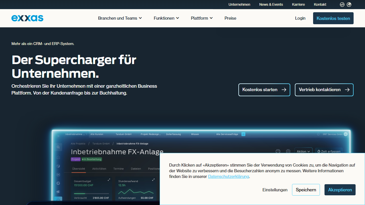 Screenshot of the homepage of Exxas