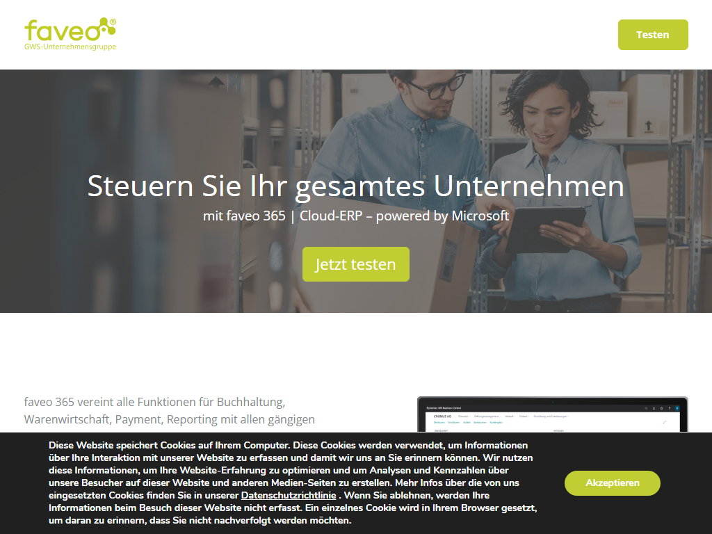 Screenshot der Homepage von faveo 365