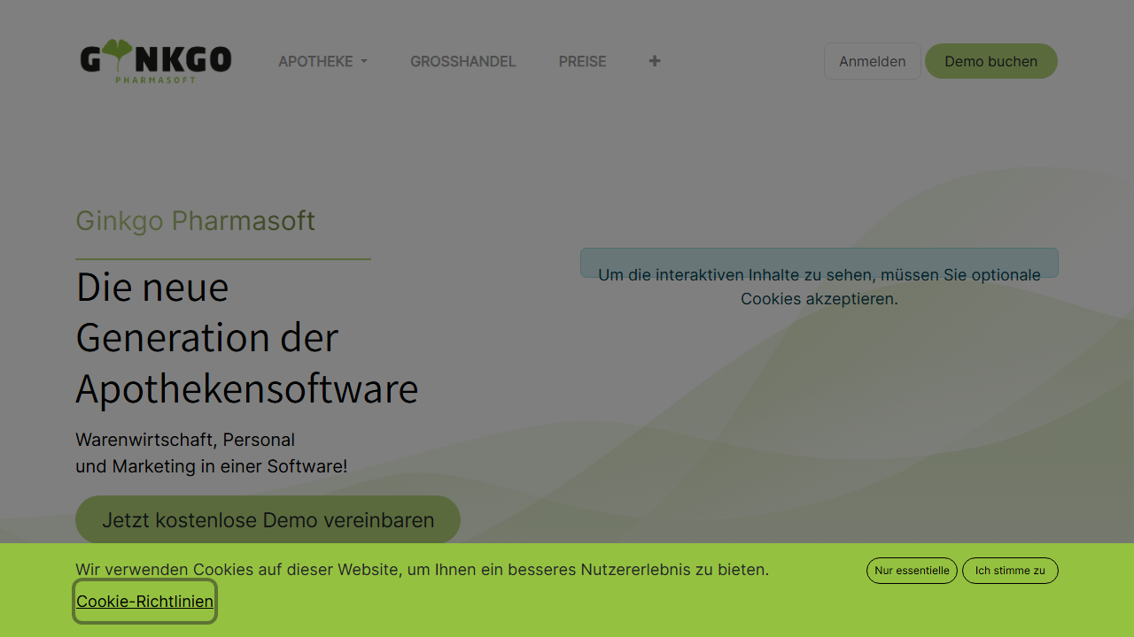 Screenshot of the homepage of Ginkgo Pharmasoft